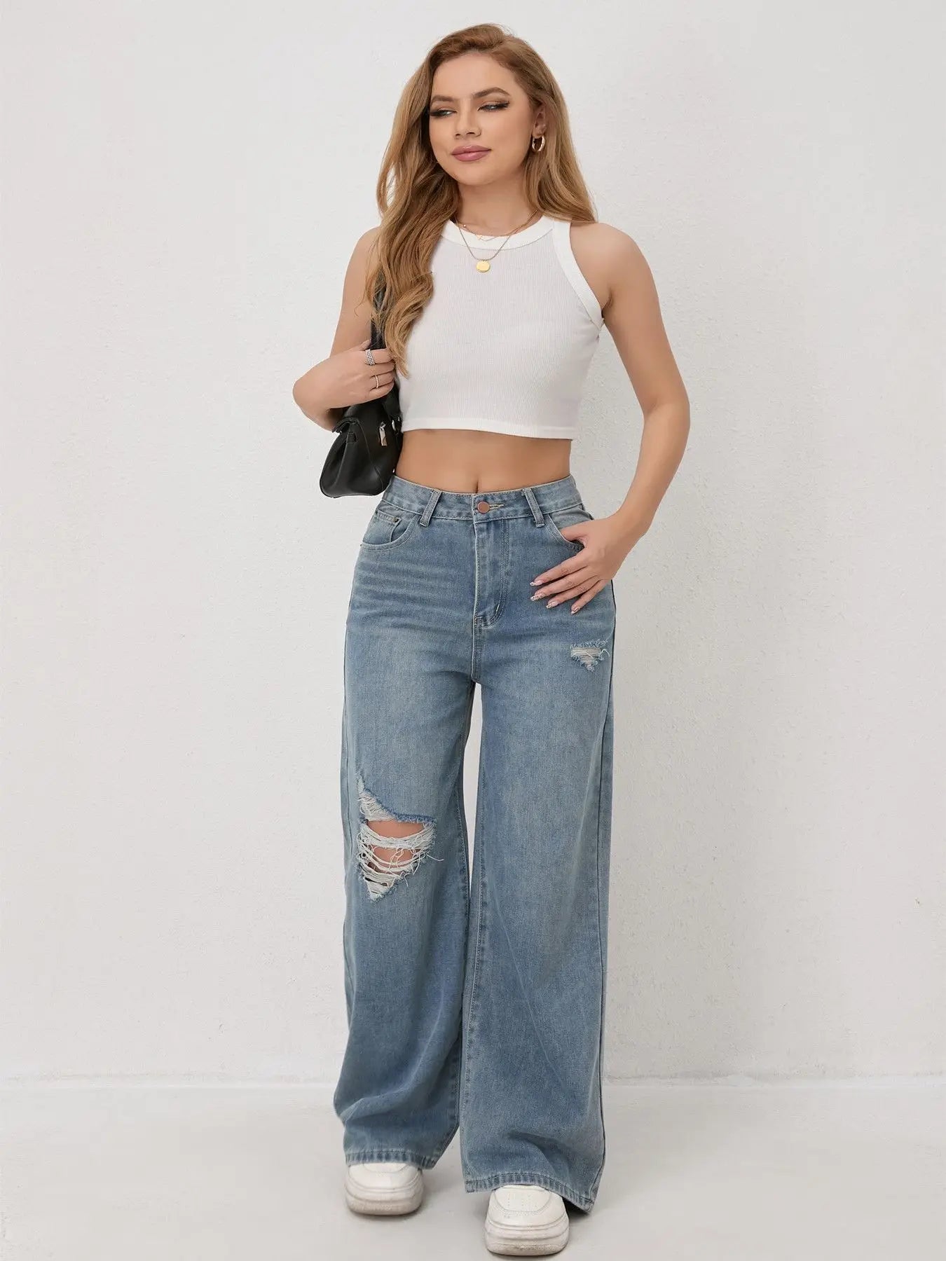European and N Style Loose Leg Straight-leg Jeans with Holes Women Comfortable Fashion All-matching Trend Jeans