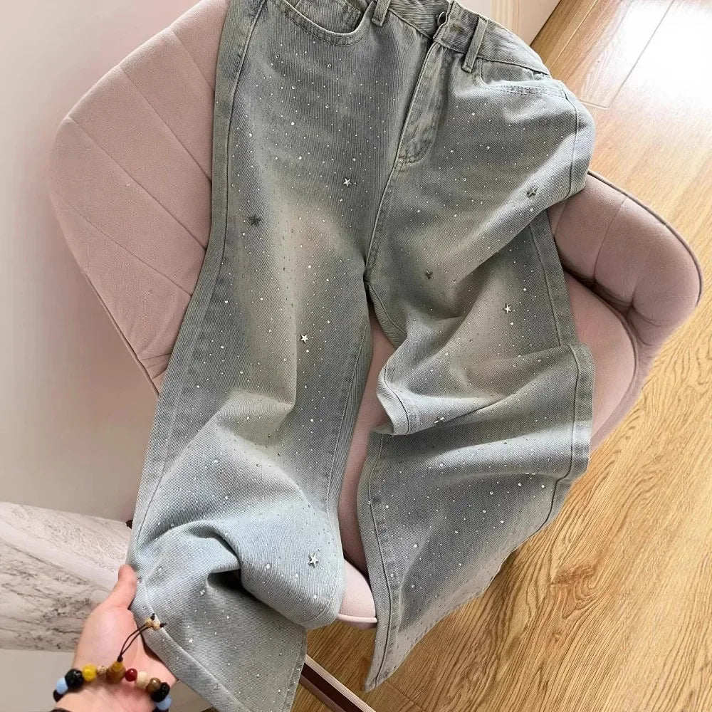 Slimming High Waist Shiny Star Rhinestone Denim Pants Women's Summer New Wide Leg Trendy Jeans High Waist Button Decor