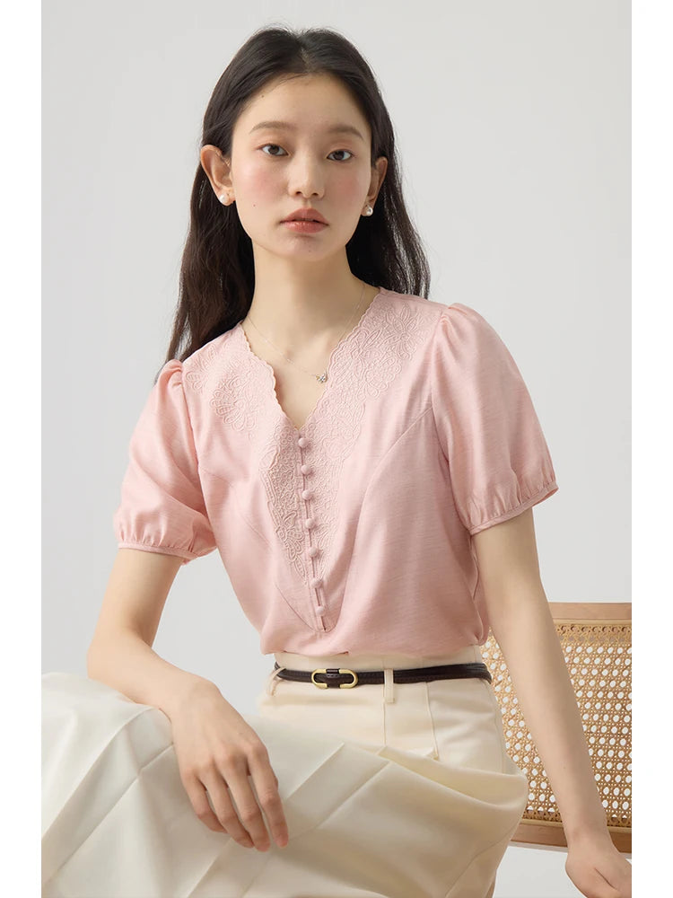 ZIQIAO French  Style V-neck Embroidered Women Shirt Versatile Casual Short Sleeve 2024 Summer Puff Sleeve Elegant Top 24ZQ92169