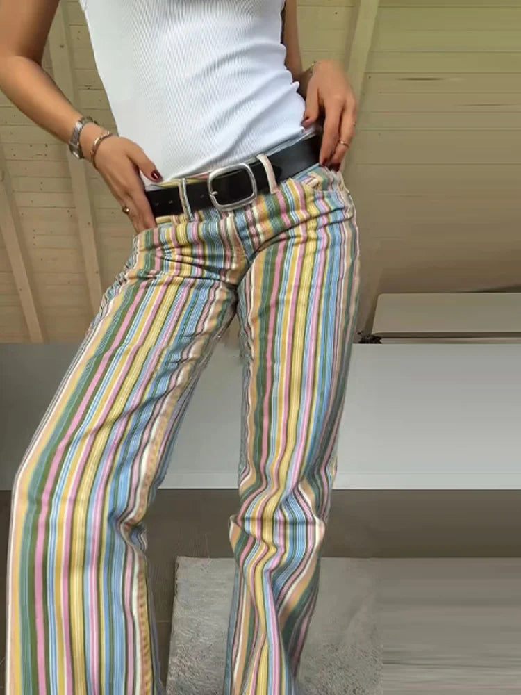 Women's Jeans Low Waist Panelled Striped Wide Leg Trousers Fashion Female Multicolor Hip Package Denim Pants New Lady Partywear