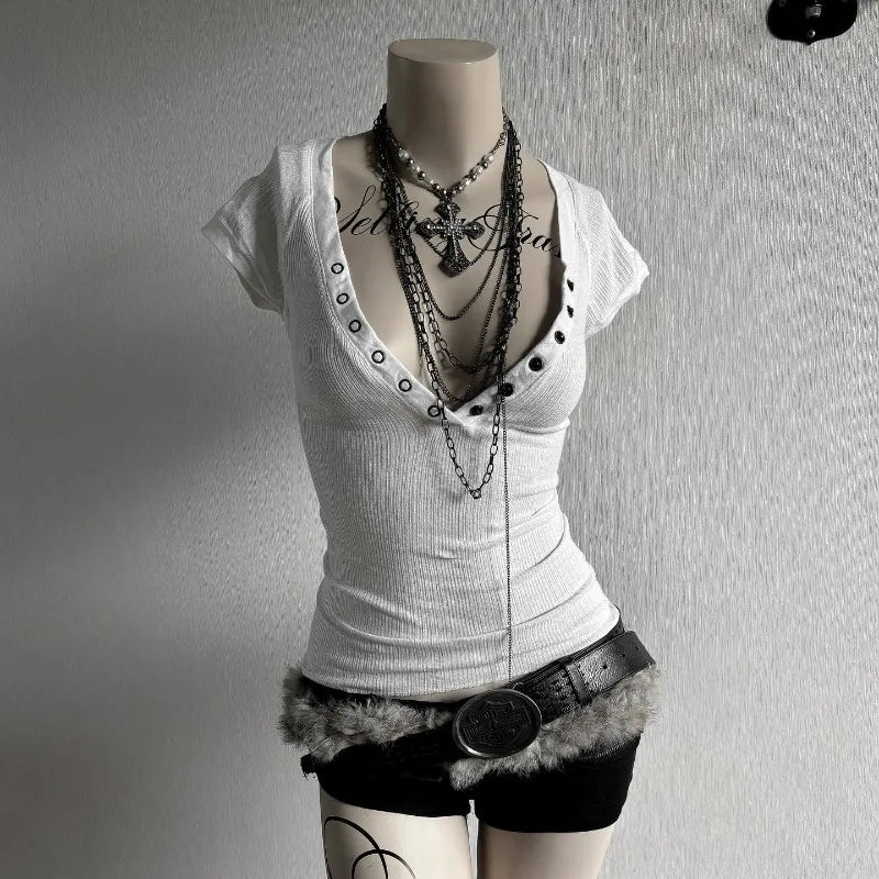 Spicy Girls Y2k Crop Top Button Harajuku Solid Color V-Neck Slim Streetwear Rock Goth Short Sleeve T-shirt Punk Unique Hip Hop