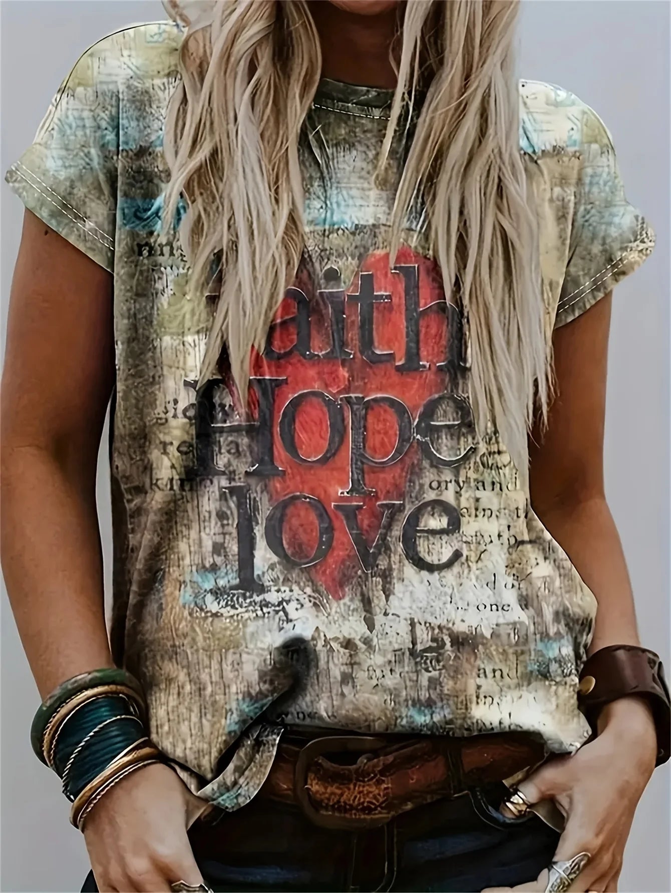 Vintage Print Women's Tee - "Faith Hope Love" & Heart Graphic, Rustic Inspirational Design for Casual Daily Wear