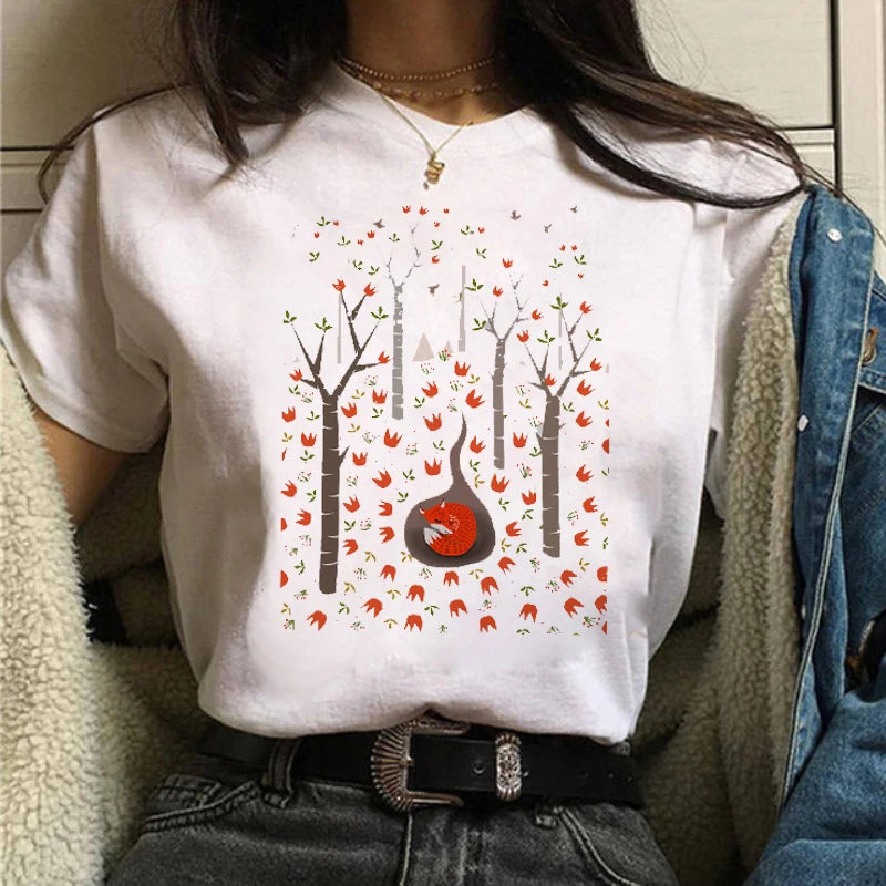 Maycaur Women Graphic Forest Mountain T Shirts Casual 90s Ulzzang Summer Printing Lady Clothes Tops Tees Print Female Tshirts