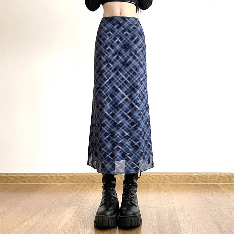 Women Spring Autumn Plaid Print Wrap Hips Skirts Fashion Ankle-Length Sexy Slim Pencil Skirts Preppy Style Girls Slit Midiskirt