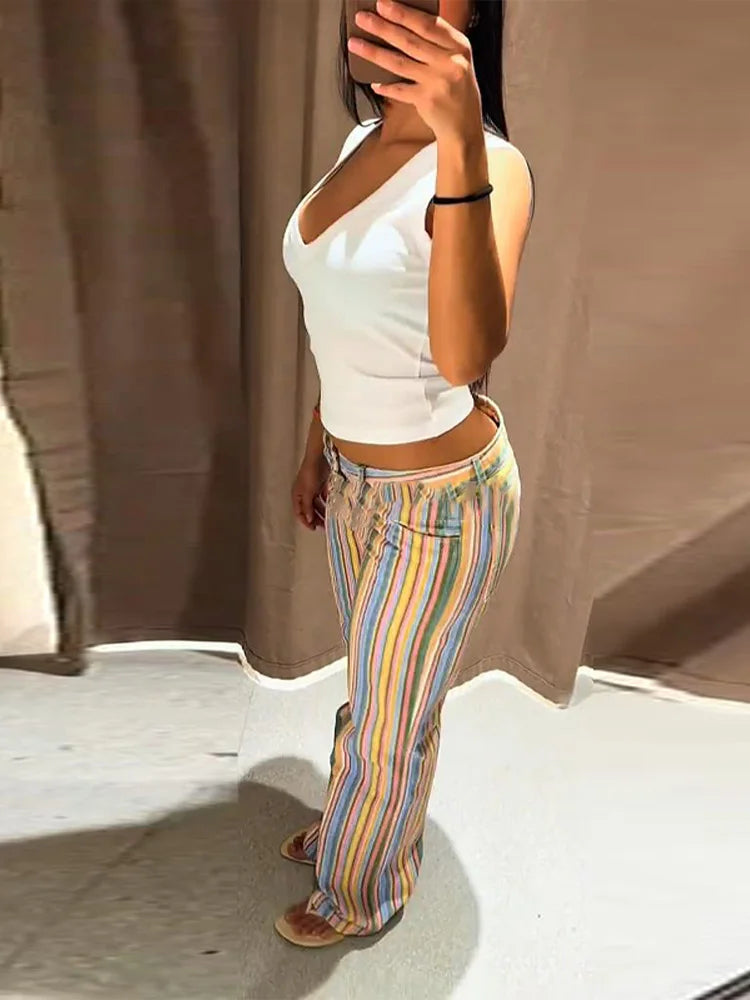 Women's Jeans Low Waist Panelled Striped Wide Leg Trousers Fashion Female Multicolor Hip Package Denim Pants New Lady Partywear