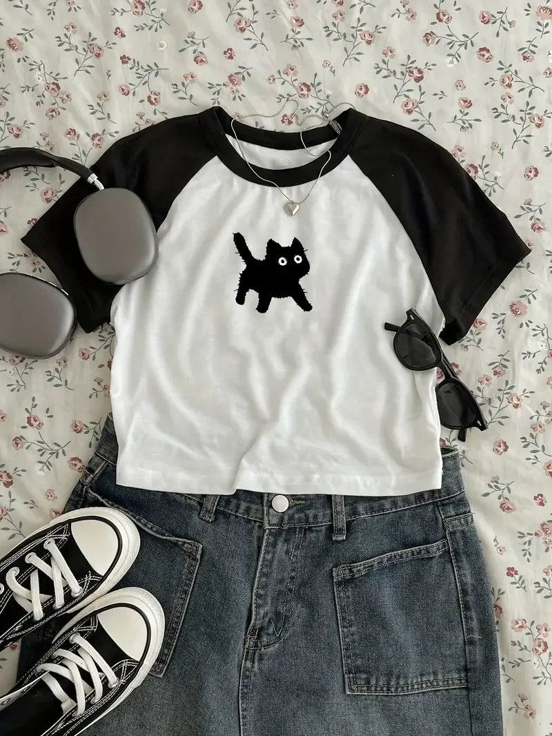 Cute Cat T Shirt Print Crop Top Sexy Cropped Short Sleeve Crew Neck T-shirt for Women Casual Spring Summer Clothing