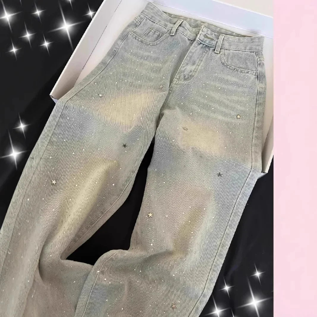 Slimming High Waist Shiny Star Rhinestone Denim Pants Women's Summer New Wide Leg Trendy Jeans High Waist Button Decor