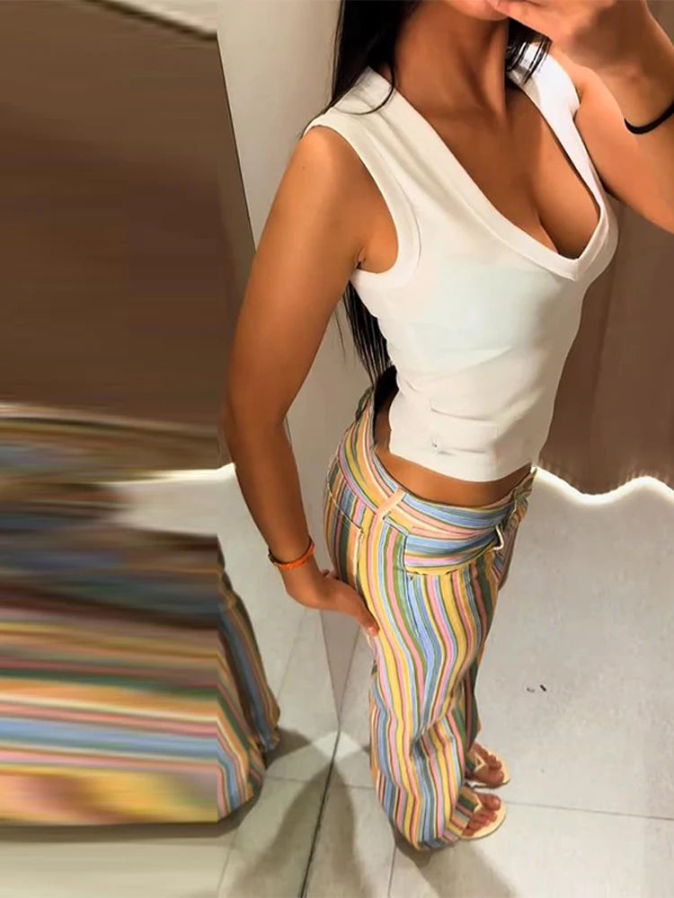 Women's Jeans Low Waist Panelled Striped Wide Leg Trousers Fashion Female Multicolor Hip Package Denim Pants New Lady Partywear