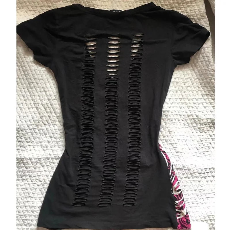 Summer American Vintage Hollow-out Design Clothing Ladies Y2K Punk Tee Slim Short Sleeve T-shirts Gothic Harajuku Chic Print Top