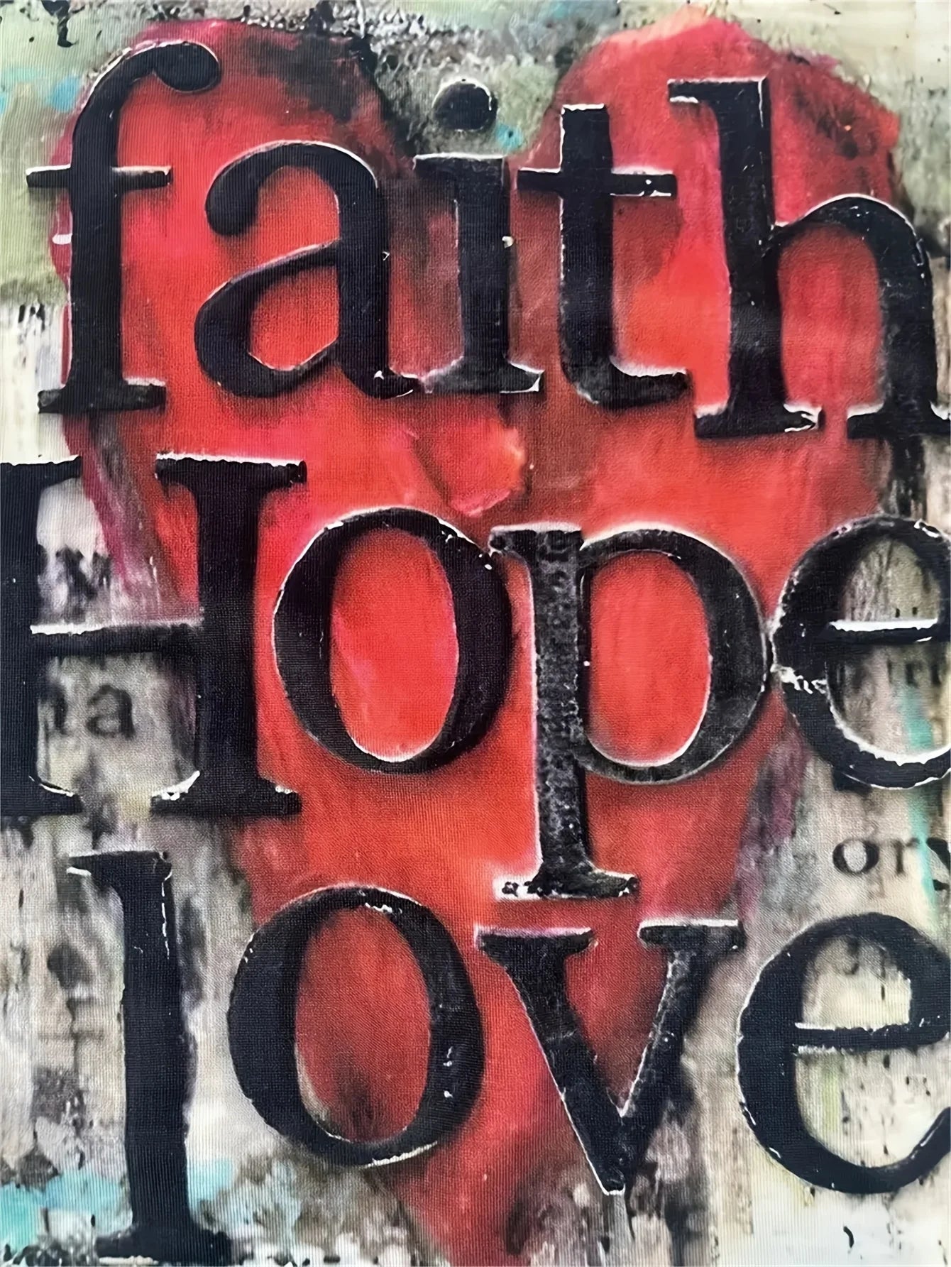 Vintage Print Women's Tee - "Faith Hope Love" & Heart Graphic, Rustic Inspirational Design for Casual Daily Wear