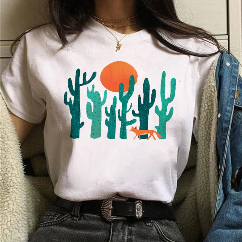 Maycaur Women Graphic Forest Mountain T Shirts Casual 90s Ulzzang Summer Printing Lady Clothes Tops Tees Print Female Tshirts