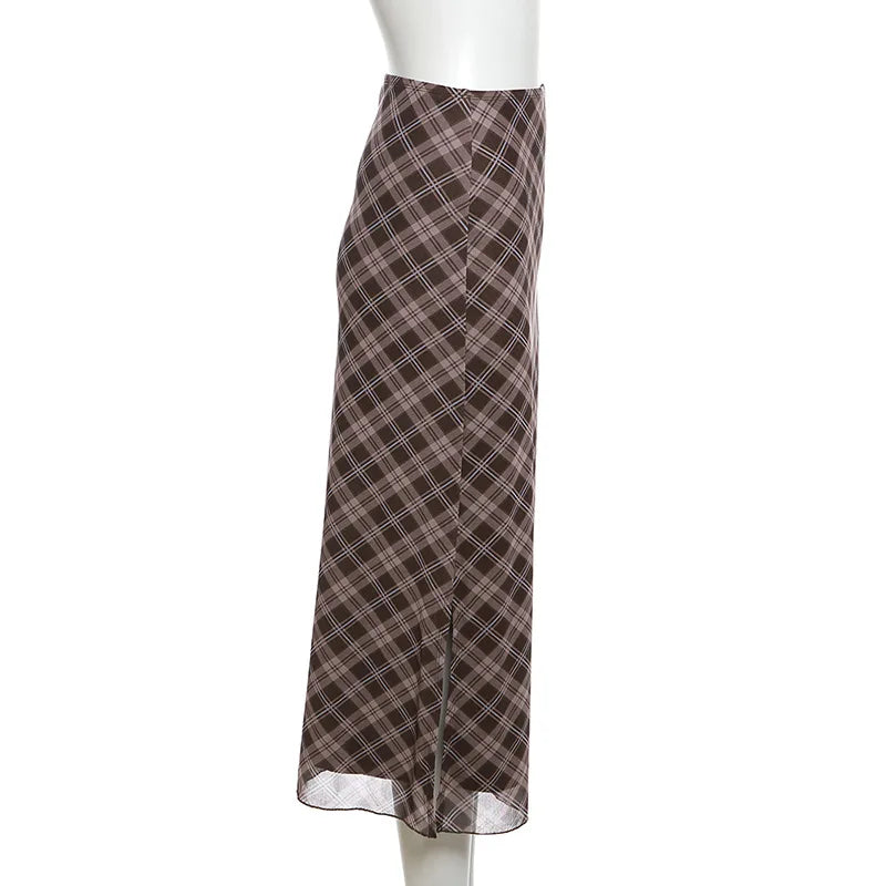 Women Spring Autumn Plaid Print Wrap Hips Skirts Fashion Ankle-Length Sexy Slim Pencil Skirts Preppy Style Girls Slit Midiskirt