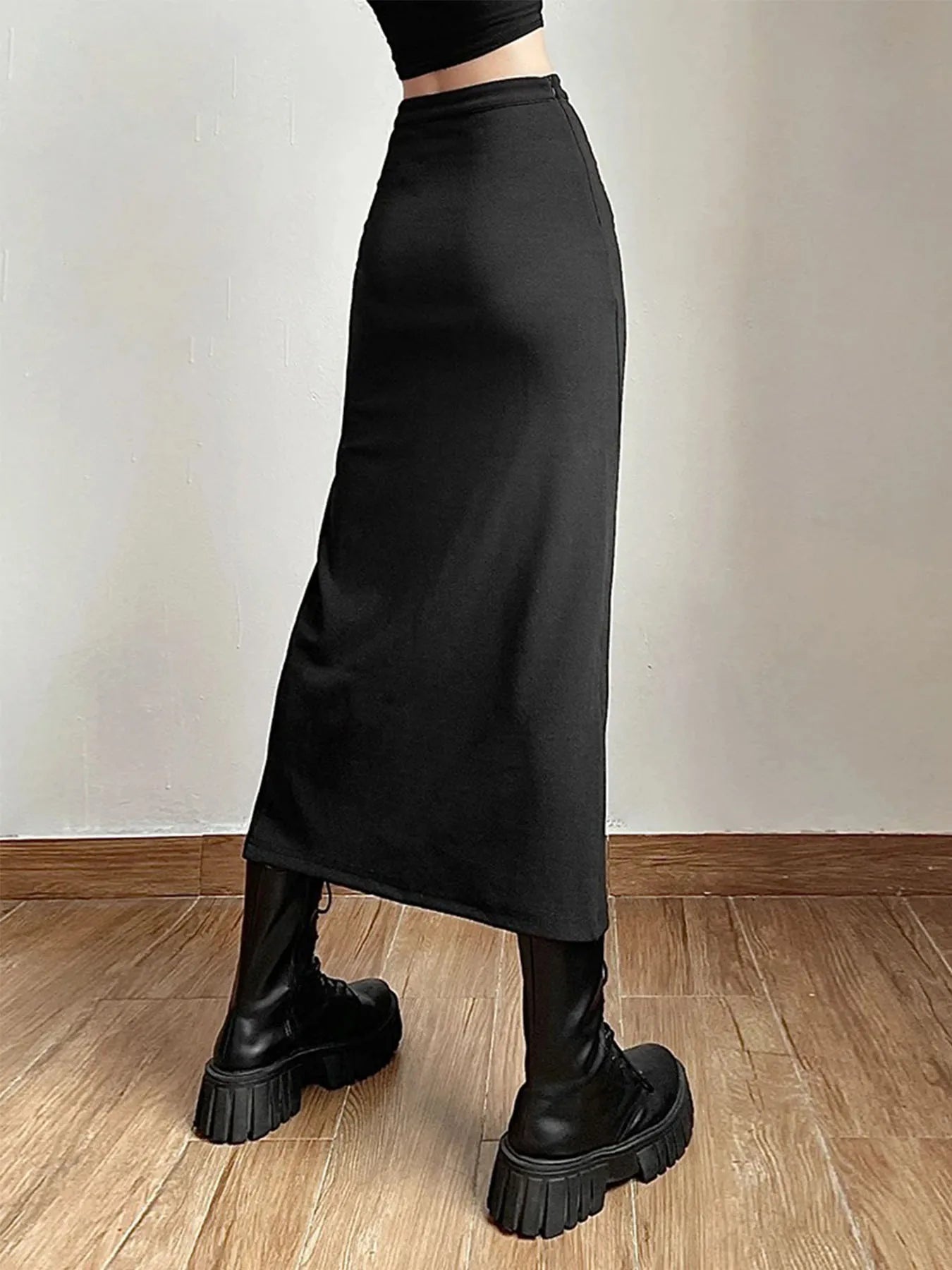 Black Sexy Split Simple Casual All-Match Hot Street Outing Cool Mature Vitality Personality Trend Basic Women'S Skirt