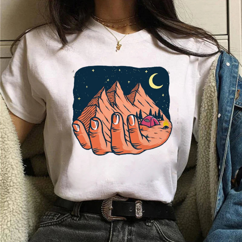 Maycaur Women Graphic Forest Mountain T Shirts Casual 90s Ulzzang Summer Printing Lady Clothes Tops Tees Print Female Tshirts