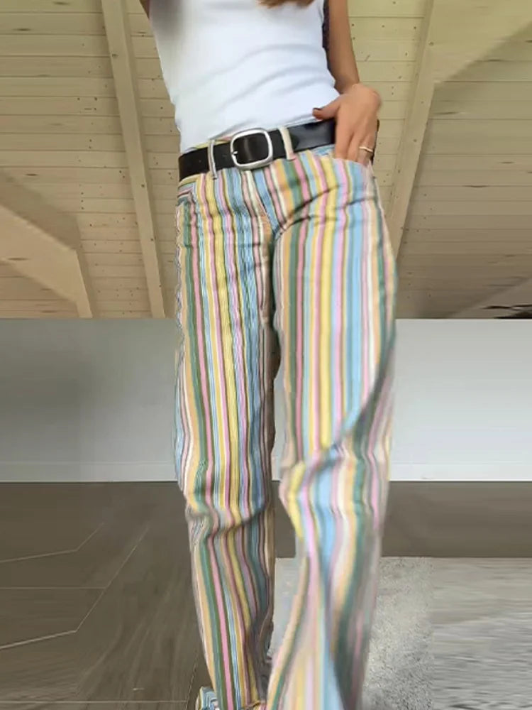 Women's Jeans Low Waist Panelled Striped Wide Leg Trousers Fashion Female Multicolor Hip Package Denim Pants New Lady Partywear