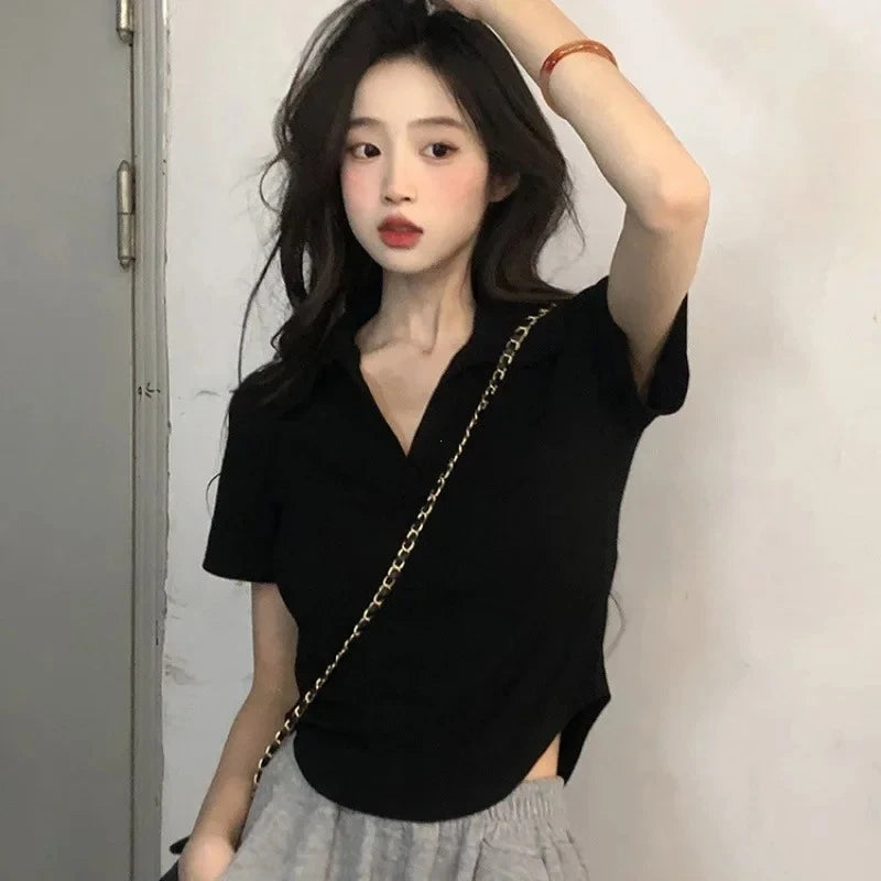 V-neck Shoulder White Short sleeve T-shirt Women Summer Design Sense Niche Irregular Slim fit Slimming Gyaru Pure Desire Top