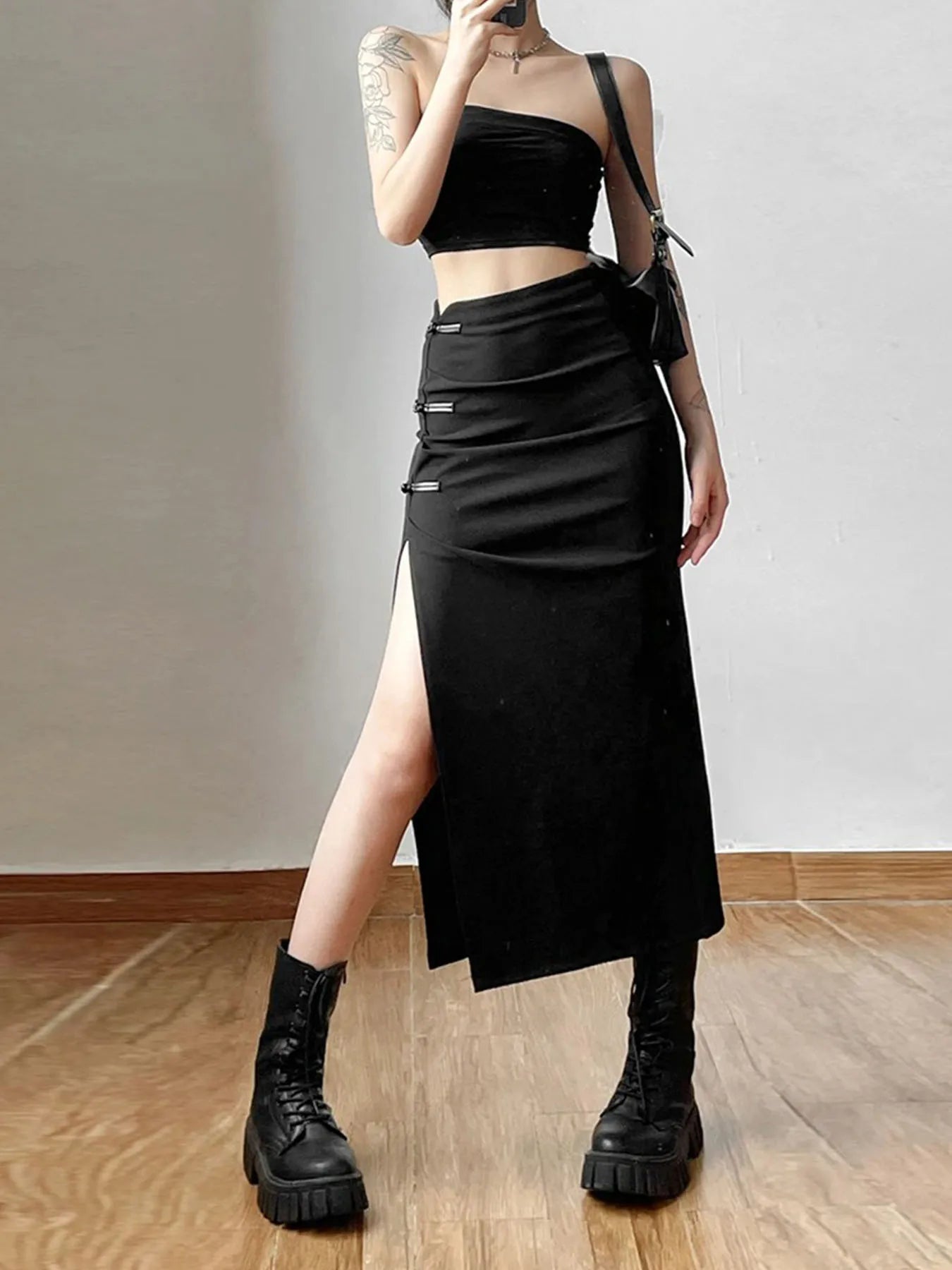 Black Sexy Split Simple Casual All-Match Hot Street Outing Cool Mature Vitality Personality Trend Basic Women'S Skirt