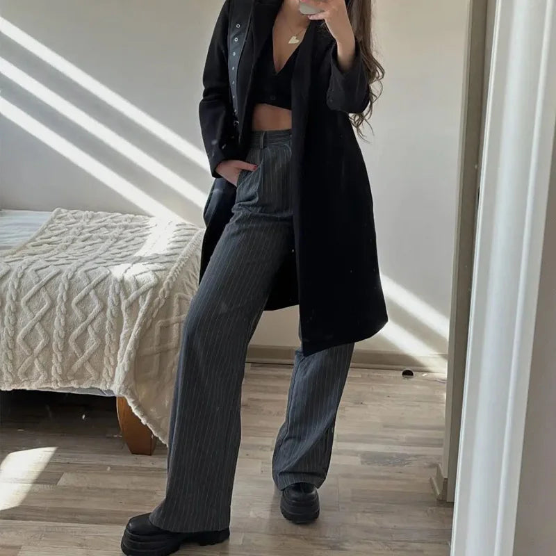 HXAO Women's Formal Pants Office Wear Women Striped Grey Black Pants Woman High Waist Baggy Suit Pants Casual Wide Leg Trousers