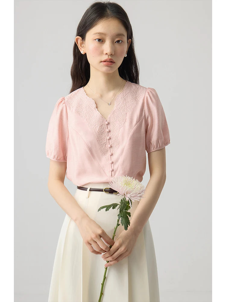 ZIQIAO French  Style V-neck Embroidered Women Shirt Versatile Casual Short Sleeve 2024 Summer Puff Sleeve Elegant Top 24ZQ92169