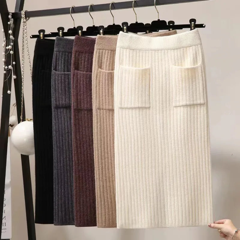 Spring Autumn Women's High Waist knitted Mid-Calf Elastic Skirt Promotions Lady Patchwork Wrap Hip Spilt Solid Color Skirts