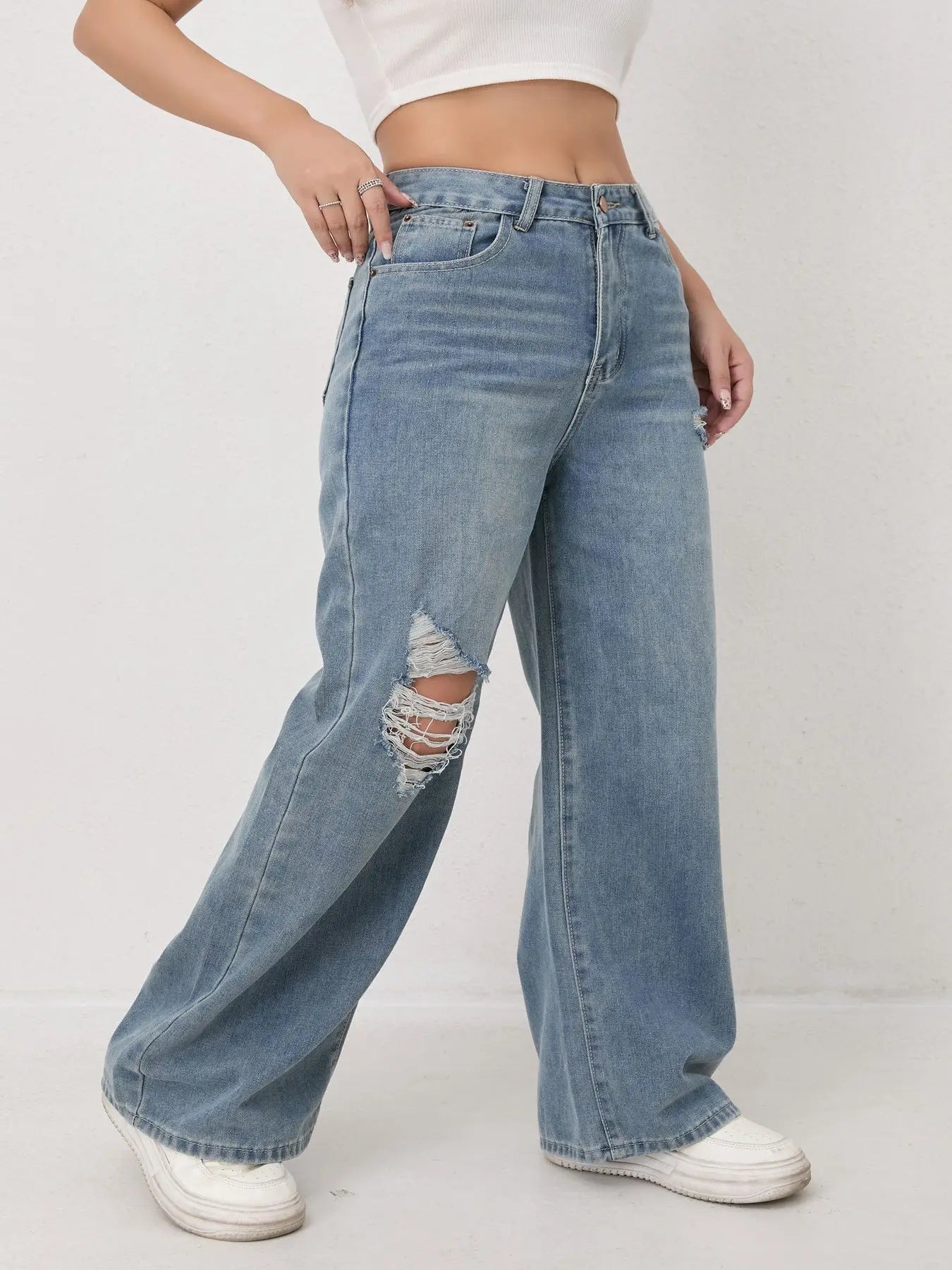 European and N Style Loose Leg Straight-leg Jeans with Holes Women Comfortable Fashion All-matching Trend Jeans