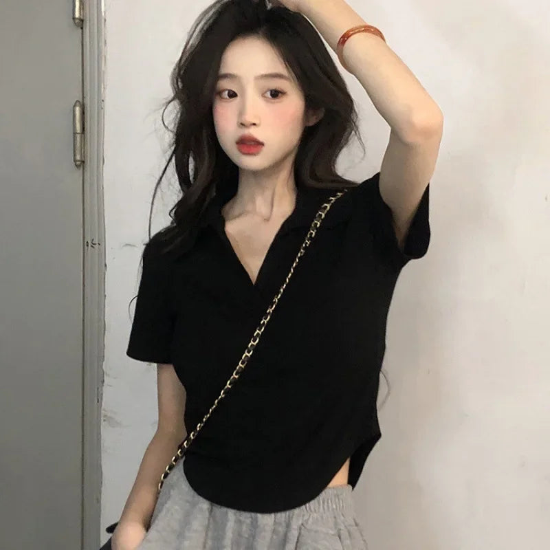 V-neck Shoulder White Short sleeve T-shirt Women Summer Design Sense Niche Irregular Slim fit Slimming Gyaru Pure Desire Top