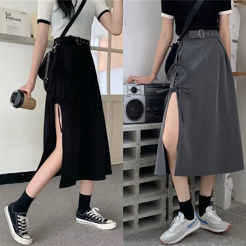 Vintage Dark Gothic High Split Mid-Calf Skirts Women Elegant Fashion Party Club High Waist Femme Bottom Streetwear Goth Skirt