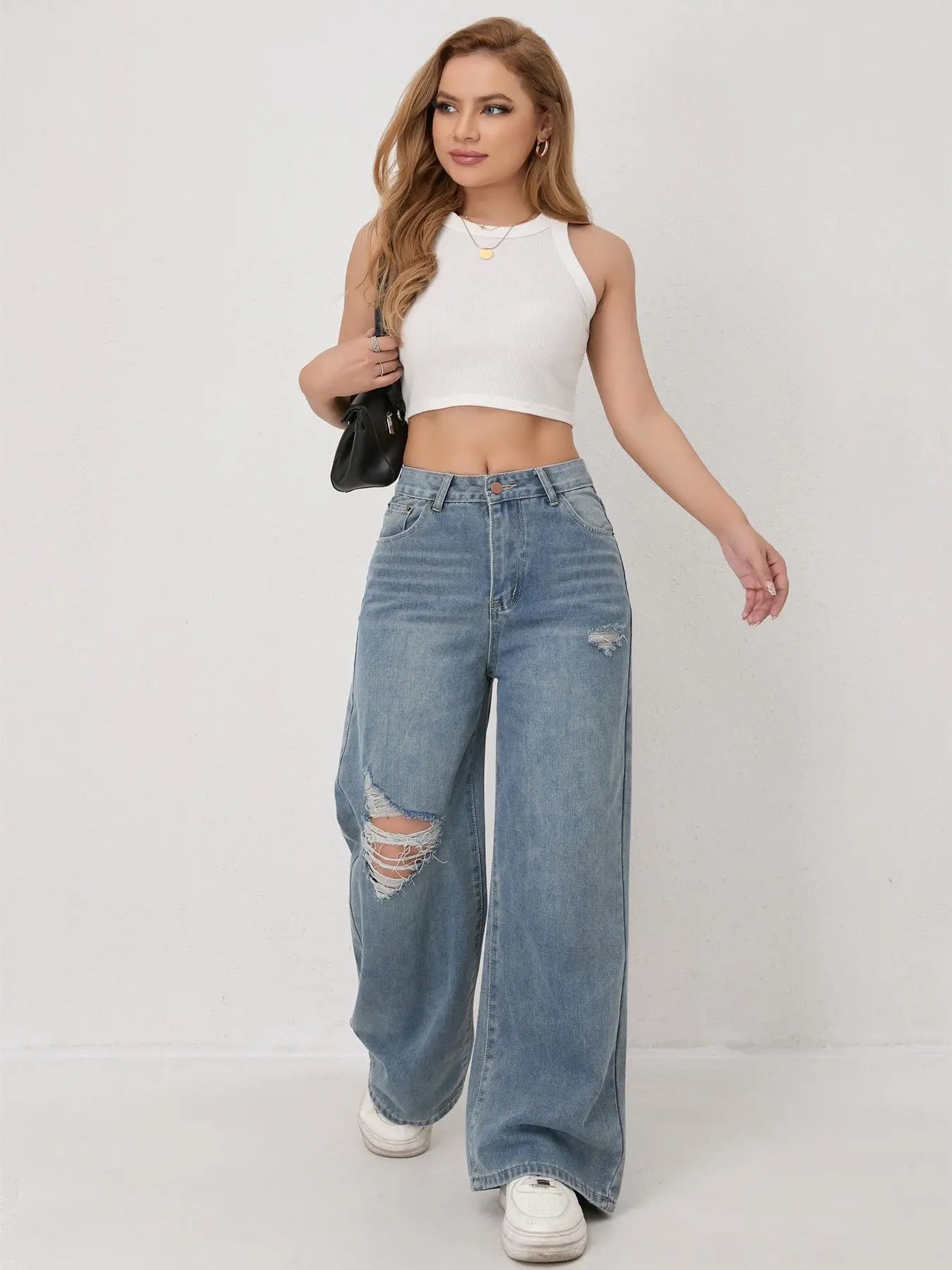European and N Style Loose Leg Straight-leg Jeans with Holes Women Comfortable Fashion All-matching Trend Jeans
