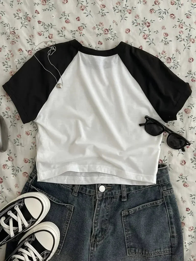 Cute Cat T Shirt Print Crop Top Sexy Cropped Short Sleeve Crew Neck T-shirt for Women Casual Spring Summer Clothing