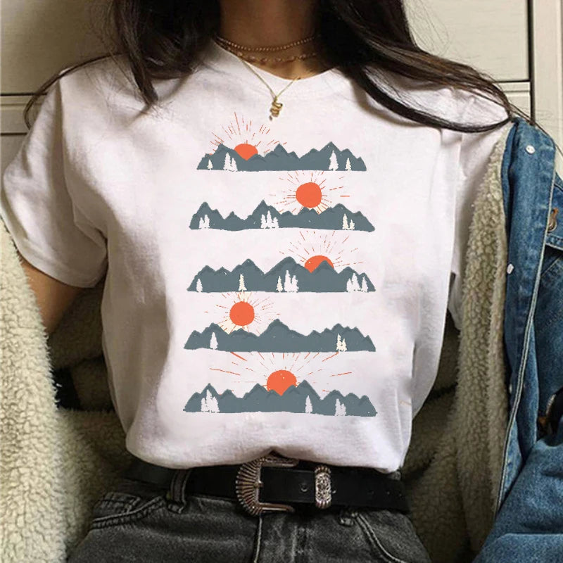 Maycaur Women Graphic Forest Mountain T Shirts Casual 90s Ulzzang Summer Printing Lady Clothes Tops Tees Print Female Tshirts