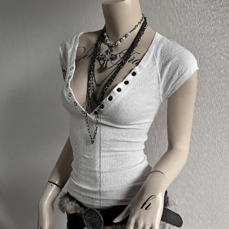 Spicy Girls Y2k Crop Top Button Harajuku Solid Color V-Neck Slim Streetwear Rock Goth Short Sleeve T-shirt Punk Unique Hip Hop