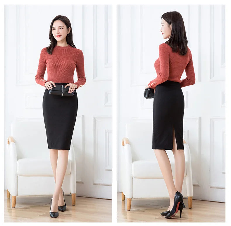 Lightweight, Stretchy Black Pencil Skirt for Women; Office-appropriate Skirts; Asian Sizes S–3XL.