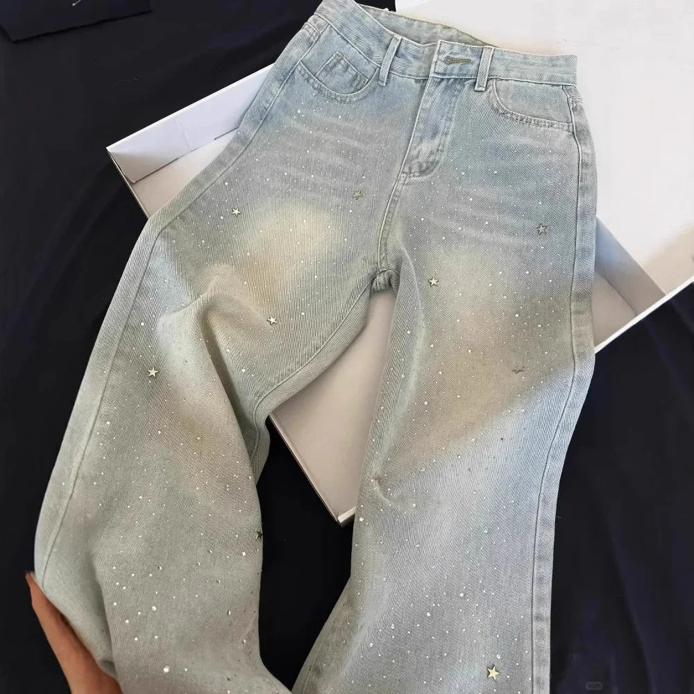 Slimming High Waist Shiny Star Rhinestone Denim Pants Women's Summer New Wide Leg Trendy Jeans High Waist Button Decor