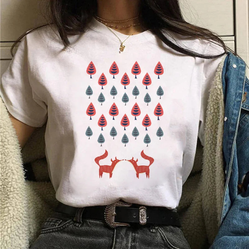Maycaur Women Graphic Forest Mountain T Shirts Casual 90s Ulzzang Summer Printing Lady Clothes Tops Tees Print Female Tshirts