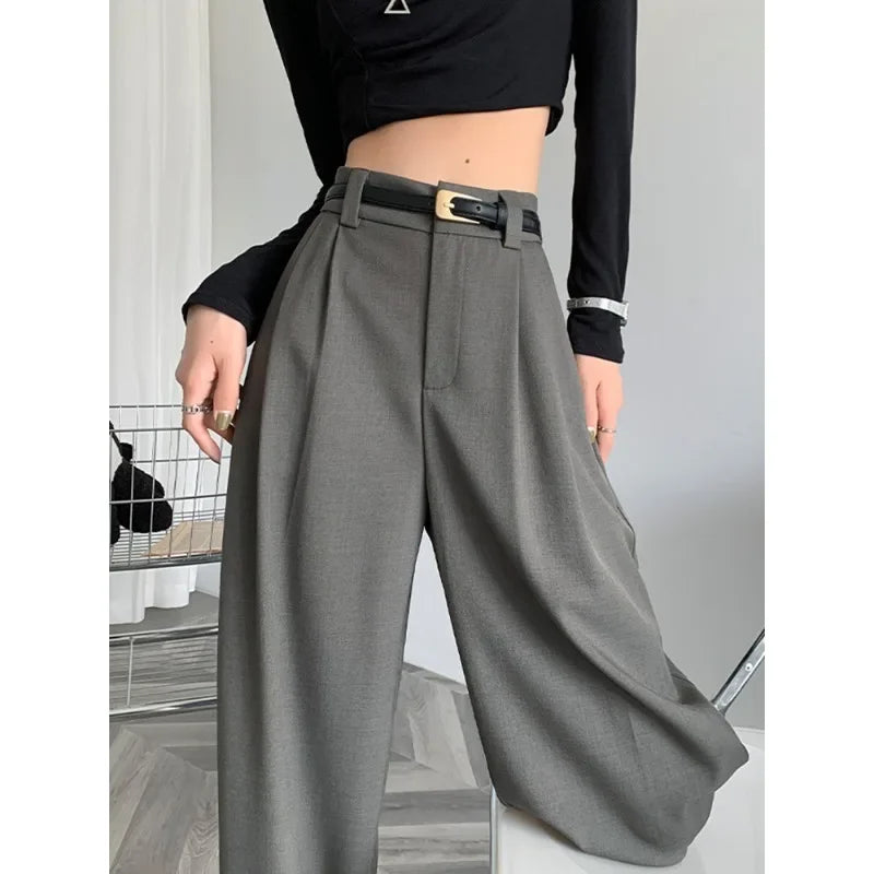 2025 Fall Winter Elegant Gray Suits Pants for Women Office Lady High Waist Wide Leg Fashion Trousers with Pockets Black Pants