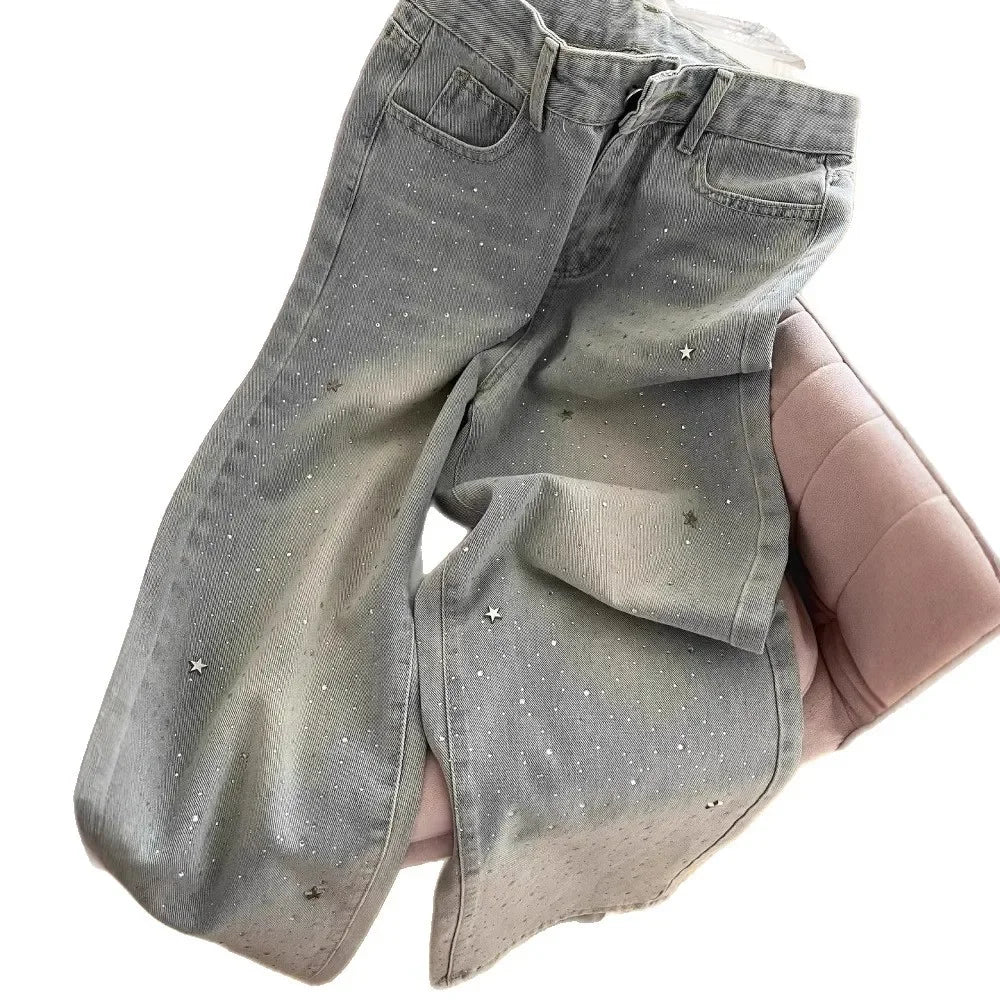 Slimming High Waist Shiny Star Rhinestone Denim Pants Women's Summer New Wide Leg Trendy Jeans High Waist Button Decor