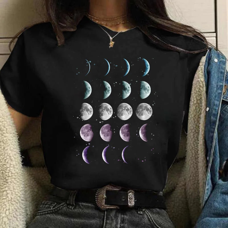 Moon Print T-shirts for Women Harajuku Summer T Shirt New Fashion Black Tops Funny Female T-shirt Casual Tee Woman Clothes