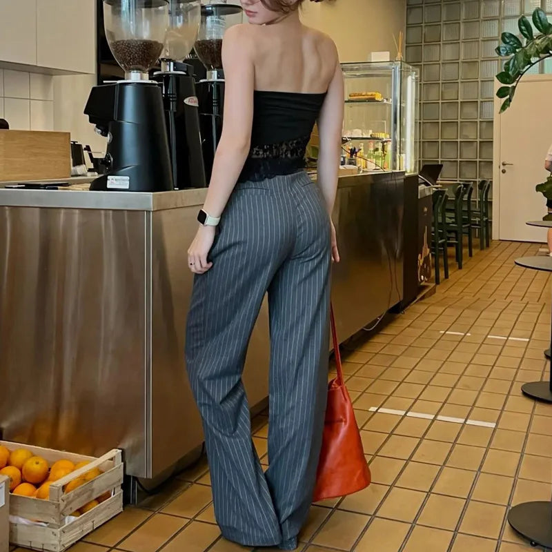 HXAO Women's Formal Pants Office Wear Women Striped Grey Black Pants Woman High Waist Baggy Suit Pants Casual Wide Leg Trousers