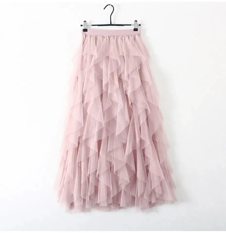 Womens Elastic High Waist Tulle Mesh Irregular Tutu Skirt gauze skirt  spring and summer new pleated A-line skirt in the long hi