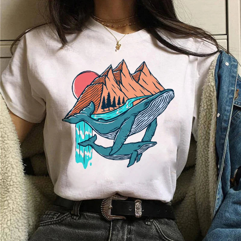Maycaur Women Graphic Forest Mountain T Shirts Casual 90s Ulzzang Summer Printing Lady Clothes Tops Tees Print Female Tshirts