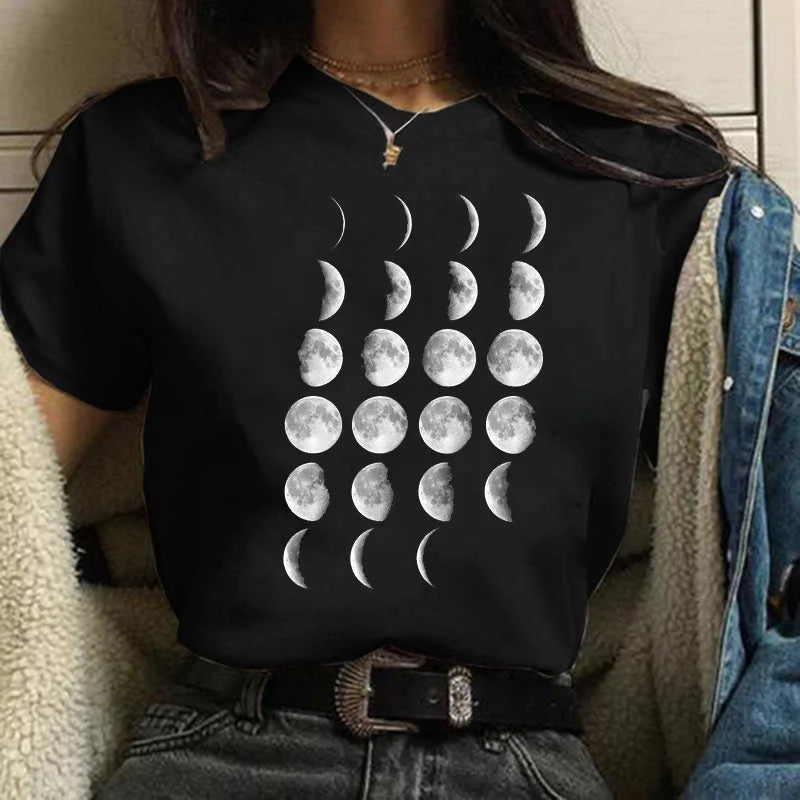 Moon Print T-shirts for Women Harajuku Summer T Shirt New Fashion Black Tops Funny Female T-shirt Casual Tee Woman Clothes