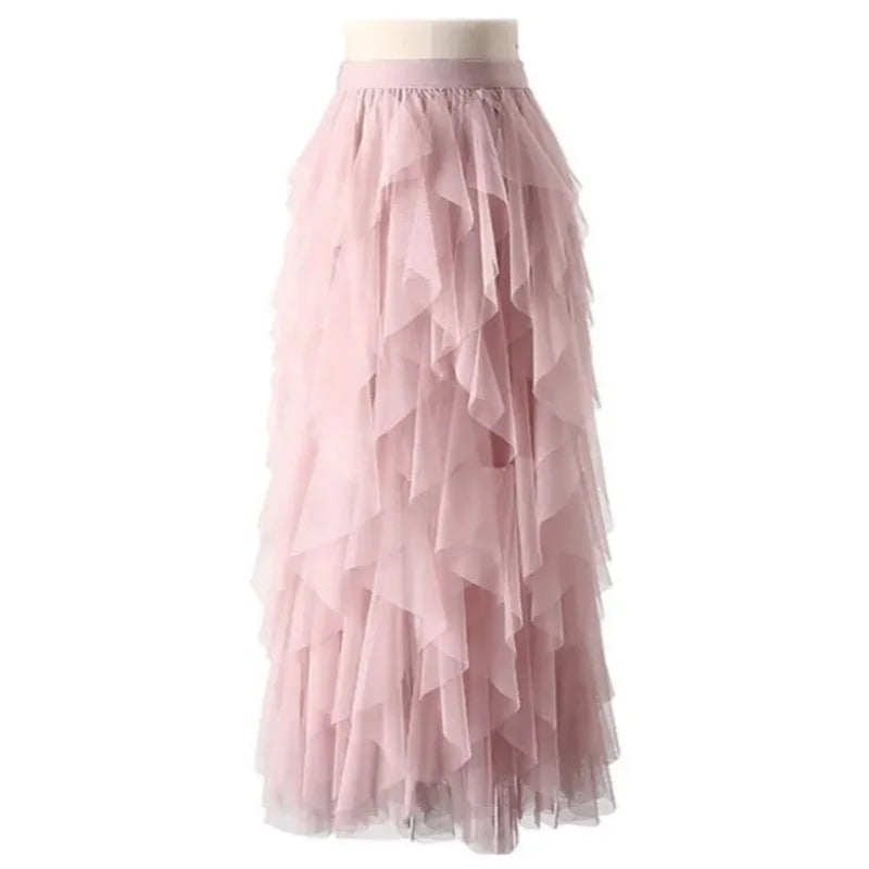 Womens Elastic High Waist Tulle Mesh Irregular Tutu Skirt gauze skirt  spring and summer new pleated A-line skirt in the long hi