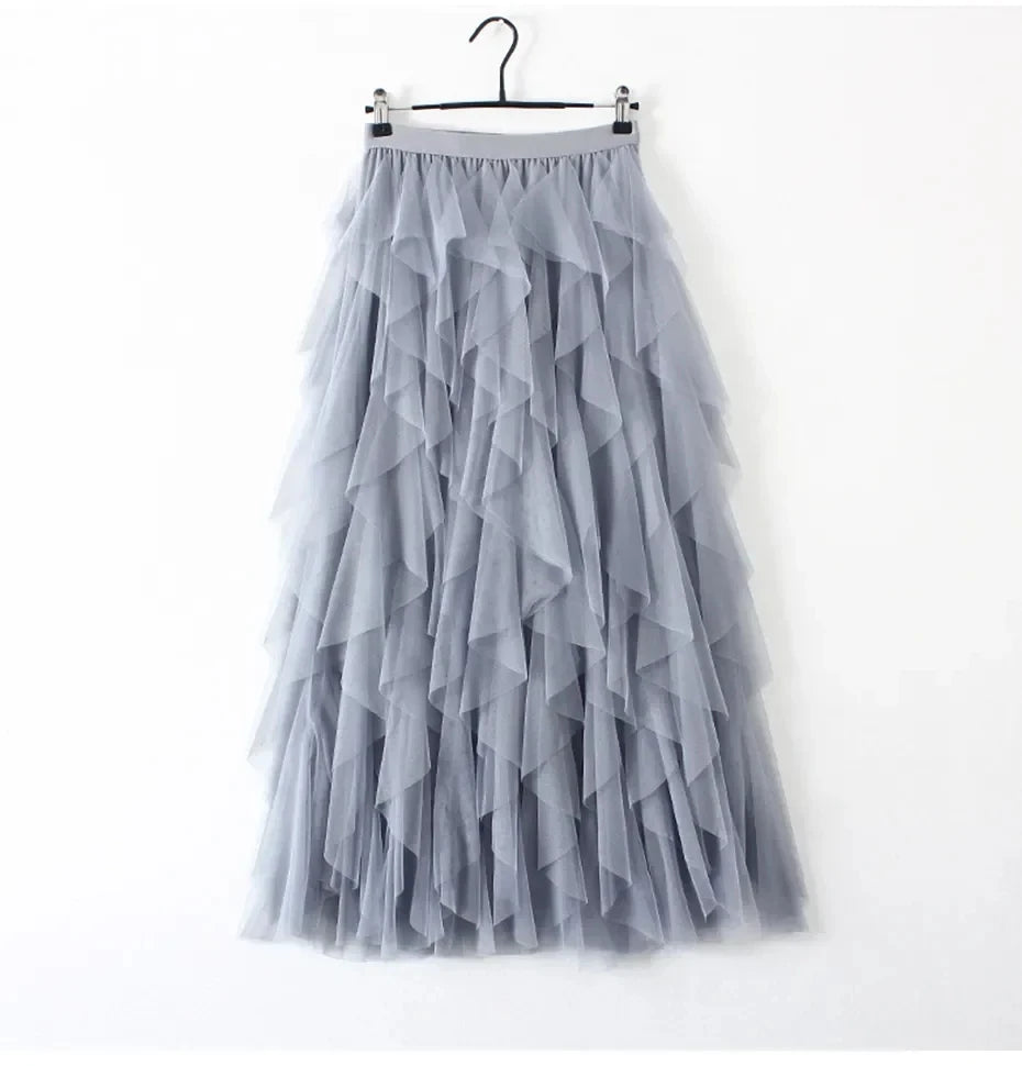 Womens Elastic High Waist Tulle Mesh Irregular Tutu Skirt gauze skirt  spring and summer new pleated A-line skirt in the long hi