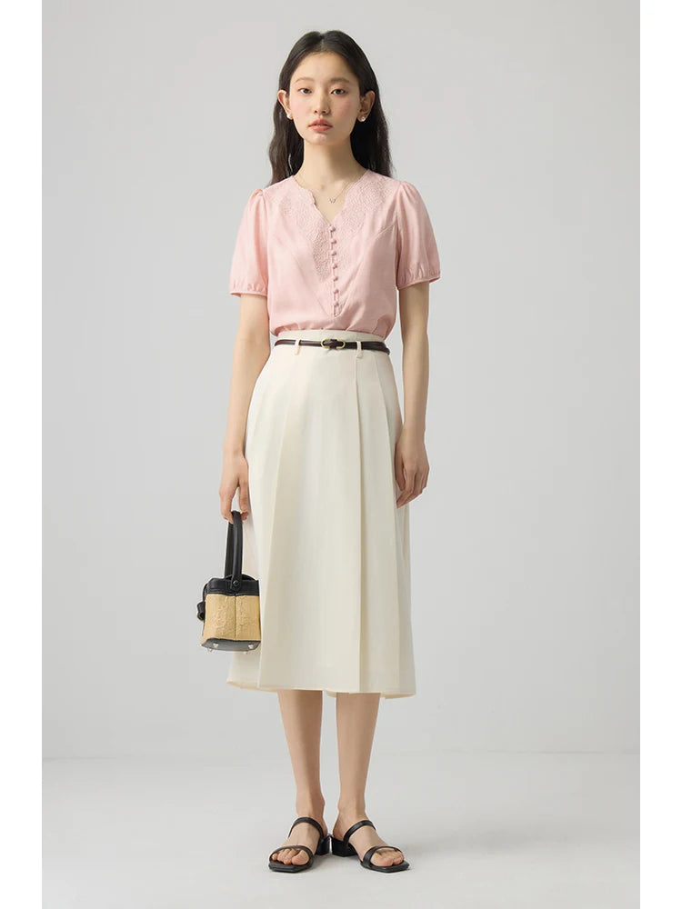 ZIQIAO French  Style V-neck Embroidered Women Shirt Versatile Casual Short Sleeve 2024 Summer Puff Sleeve Elegant Top 24ZQ92169