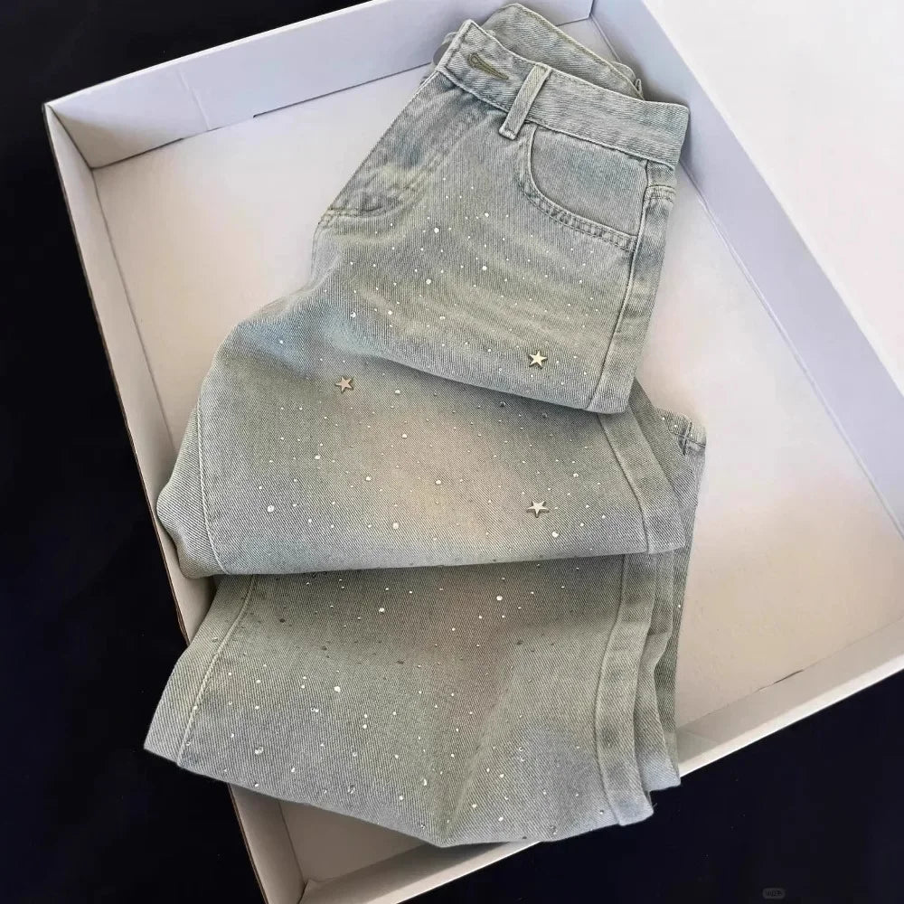 Slimming High Waist Shiny Star Rhinestone Denim Pants Women's Summer New Wide Leg Trendy Jeans High Waist Button Decor
