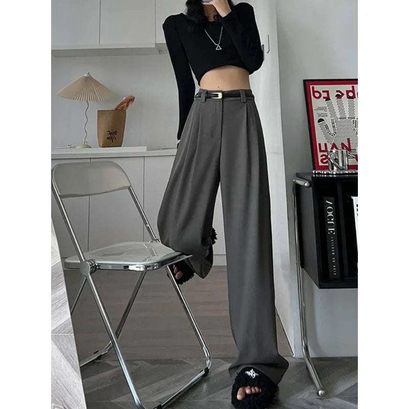 2025 Fall Winter Elegant Gray Suits Pants for Women Office Lady High Waist Wide Leg Fashion Trousers with Pockets Black Pants