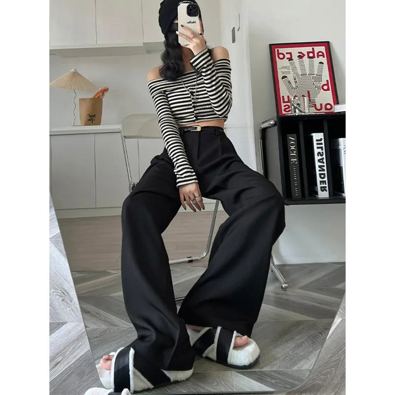 2025 Fall Winter Elegant Gray Suits Pants for Women Office Lady High Waist Wide Leg Fashion Trousers with Pockets Black Pants