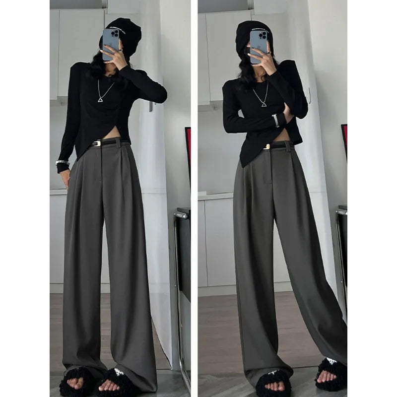 2025 Fall Winter Elegant Gray Suits Pants for Women Office Lady High Waist Wide Leg Fashion Trousers with Pockets Black Pants