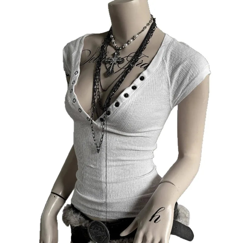 Spicy Girls Y2k Crop Top Button Harajuku Solid Color V-Neck Slim Streetwear Rock Goth Short Sleeve T-shirt Punk Unique Hip Hop