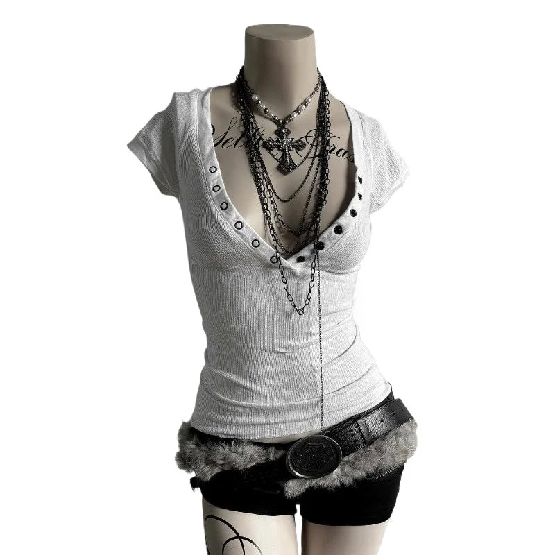 Spicy Girls Y2k Crop Top Button Harajuku Solid Color V-Neck Slim Streetwear Rock Goth Short Sleeve T-shirt Punk Unique Hip Hop